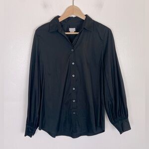 Chico's Women's Button Down Shirt Size 1 US 8 Black Stretch Puff Sleeve Preppy